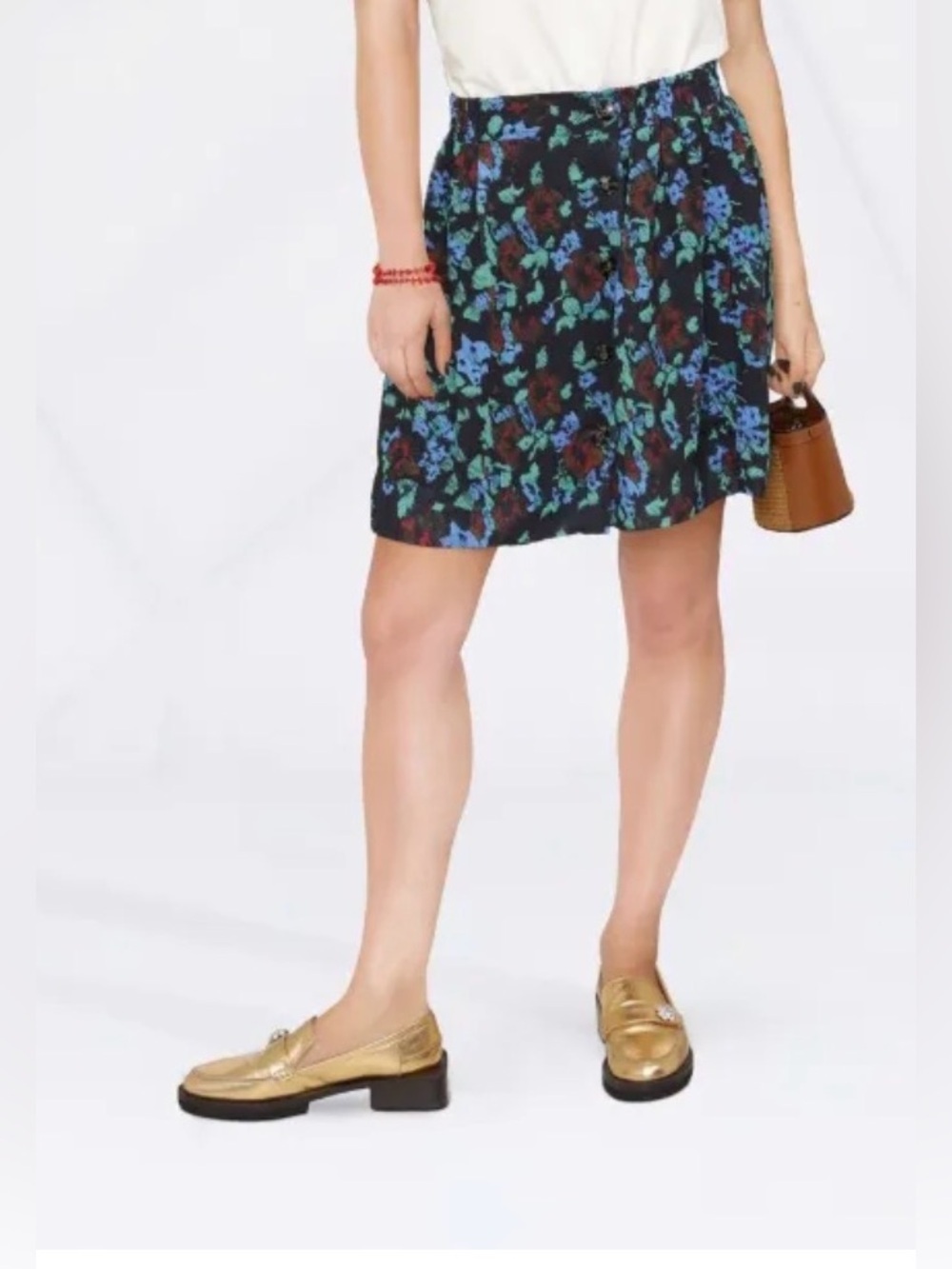 Ganni Black Floral Button-Front Skirt-Style Shorts in Teal & Blue